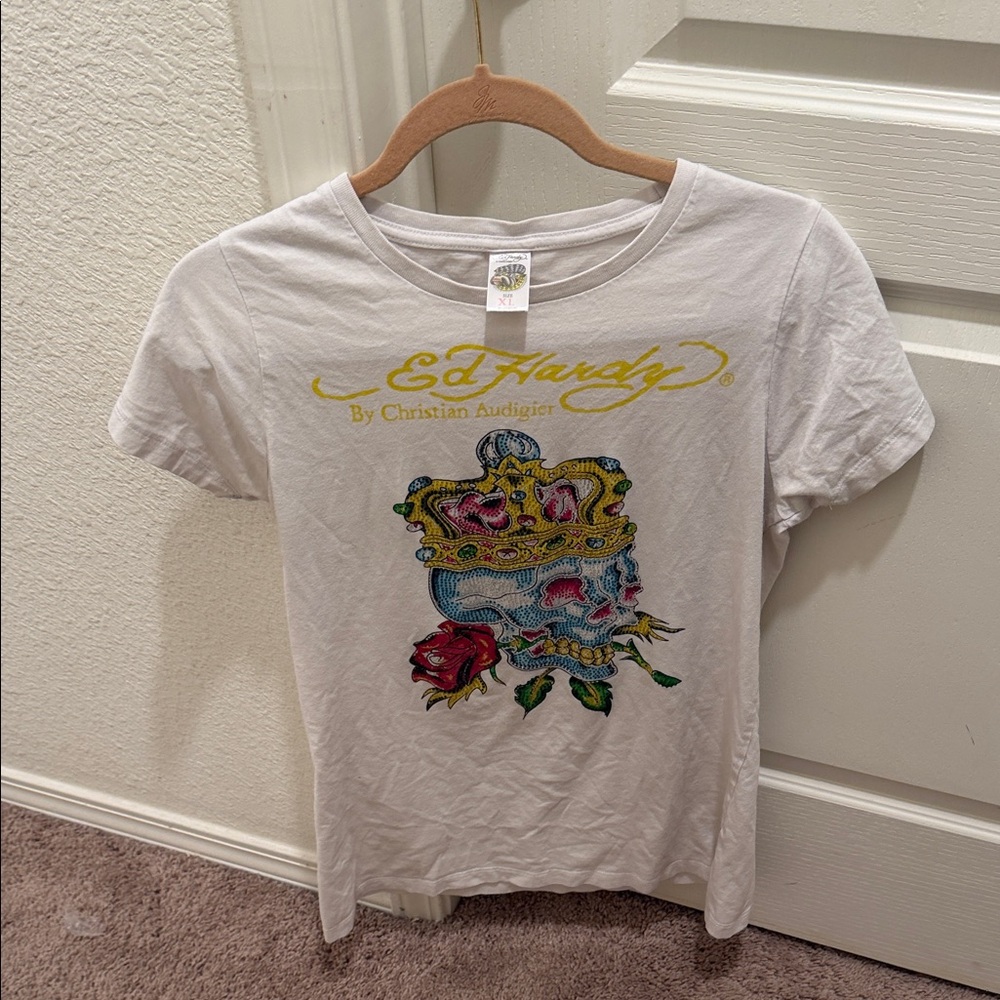 Ed Hardy White Tee with Skull and Crown Design